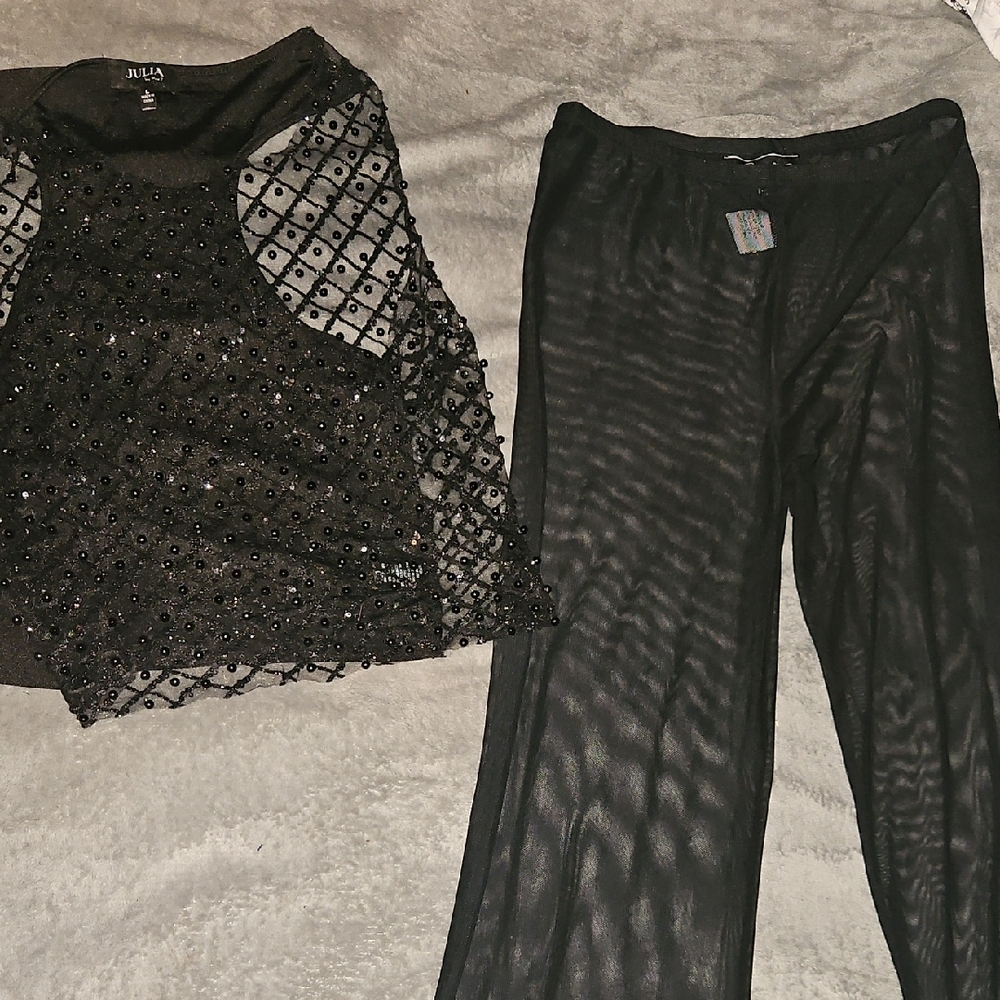 Black Sheer Beaded Top and Pants Set